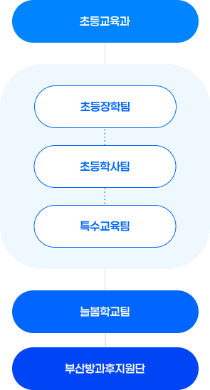 초등교육과 아래 초등장학팀, 초등학사팀, 특수교육팀이 있고 그 아래 늘봄학교팀이 있고 그 아래에 부산방과후지원단이 있음