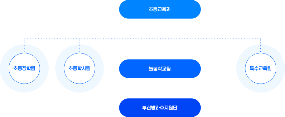 초등교육과 아래 초등장학팀, 초등학사팀, 특수교육팀이 있고 그 아래 늘봄학교팀이 있고 그 아래에 부산방과후지원단이 있음