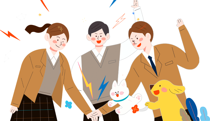 남자2명, 여자1명, 고양이1마리, 강아지 1마리가 손을 모으는 이미지 